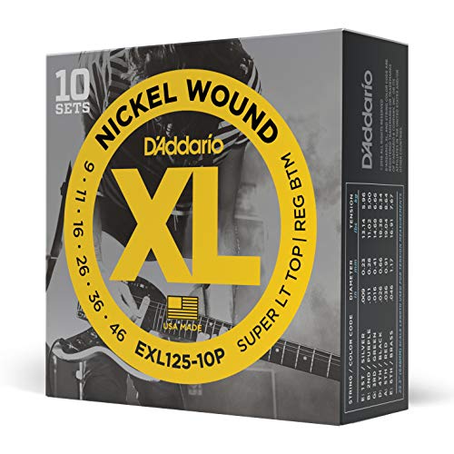 D'Addario Electric Guitar Strings, XL Nickel, EXL125-10P, Super Light Top/Regular Bottom Gauge, 6-String Set, Pack of 10