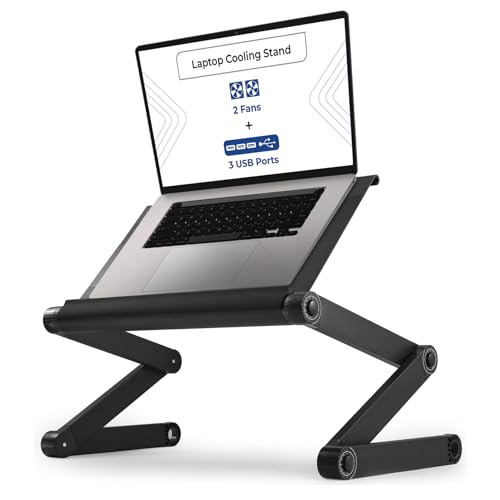 WorkEZ Executive Laptop Cooling Stand, Adjustable Desk for Bed, Foldable with 2 Fans & 3 USB Ports, Computer Lap Desk, PC Holder for Bed, Ergonomic Table Stand, Home Office Supplies, Black