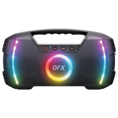 Powerful & Portable Waterproof All Terrain Bluetooth Speaker with Deep Bass, LED Party Lights, Fast USB-C Charging, FM Radio, AUX  QFX BT-ZX35