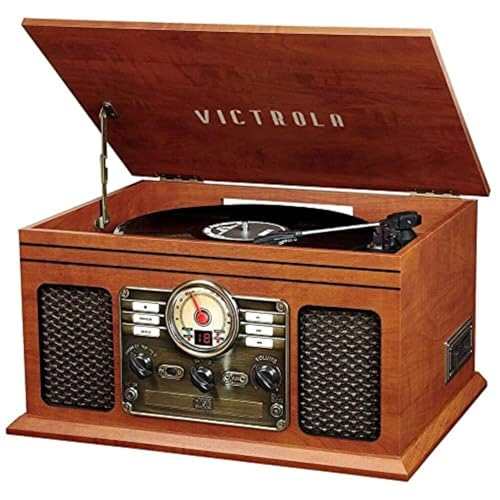 Victrola The Quincy 6-in-1 Bluetooth Record Player & Multimedia Center with Built-in Speakers  3-Speed Turntable, CD & Cassette Player, AM/FM Radio, Wireless Music Streaming (Mahogony)