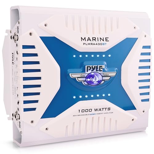 Pyle 2.1 Bluetooth Marine Amplifier - Waterproof 4 Channel Wireless Bridgeable Audio Amp for Stereo Speaker with 1000 Watt Power Dual MOSFET Supply, GAIN Level and LED Indicator - PLMRA430BT