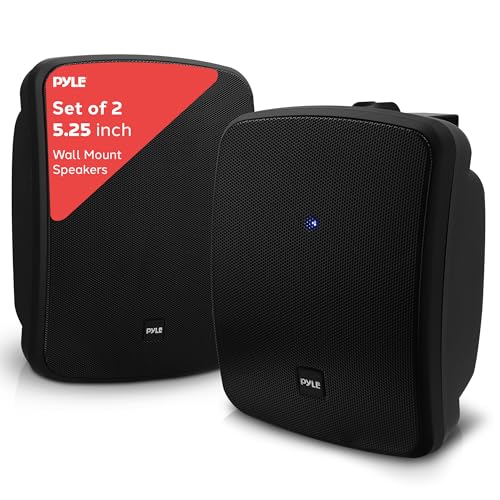 Pyle 5.25 Inch 2 Way Outdoor Waterproof Mountable Wireless Bluetooth Dual Speakers with Heavy Duty Grill Cabinet Enclosure, Black (2 Pack)