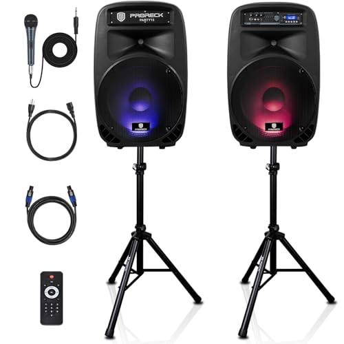 PRORECK Party 15 Portable 15-Inch 2000 Watt 2-Way Powered PA Speaker System Combo Set with Bluetooth/USB/SD Card Reader/FM Radio/Remote Control/LED Light