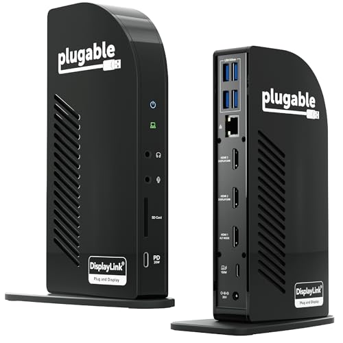 Plugable USB-C Triple Monitor Docking Station: 13-in-1 Laptop Dock with 100W Charging for Mac (DisplayLink Driver Required), Windows, Chrome, 3 HDMI, Gigabit Ethernet, SD, USB-C 20W, 4 USB - UD-ULTCDL
