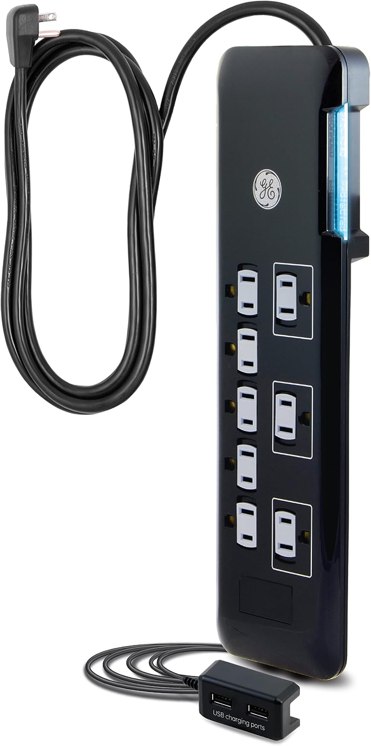 GE UltraPro 8 Outlet Surge Protector, Tethered 2 USB Ports, 4 Ft Power Cord, 2169 Joules, Flat Plug, Power Filter, Circuit Breaker, Warranty, Black, 34117
