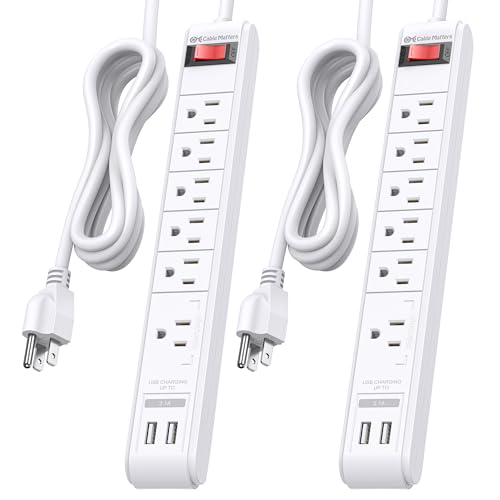 [ETL Listed] Cable Matters 2-Pack 6-Outlet Surge Protector Power Strip with USB Ports - 8ft, Long Extension Cord, Surge Protector with USB Ports, White