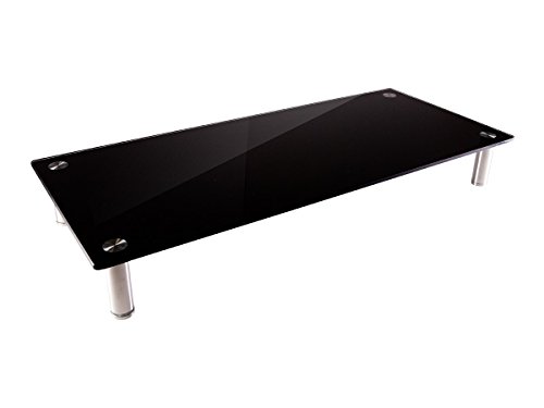 Monoprice Medium Multimedia Desktop Stand, Black Glass (27.6" x 12.2" x 3") - Stand & Riser, Laptop Stand, Desktop TV Stand, Dual Monitors w/ Height Adjustable Legs - Workstream Collection (116360), 25.6" x 11.0"
