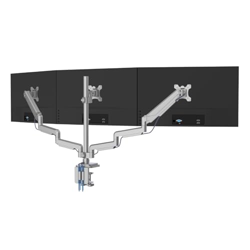 Mount-It! Triple Monitor Mount with Gas Spring Arms, Fits 2432 Inch Screens, USB & Audio Ports, Full Motion Desk Stand with Tilt, Swivel & Rotation, Heavy Duty Silver 3 Screen Arm with Clamp