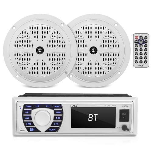 Pyle Marine Receiver & Speaker Kit - In-Dash LCD Digital Stereo Built-in Bluetooth & Microphone w/ AM FM Radio System 5.25 Waterproof Speakers (2) MP3/USB/SD Readers & Remote Control - PLMRKT36WT
