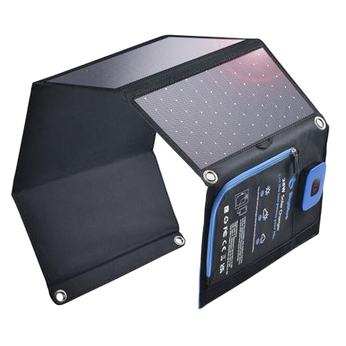 BigBlue Portable Solar Charger 28W with Digital Ammeter,25.4% High-Efficiency, USB-A/USB-C Ports, Folding Waterproof Solar Panels with Carabiners for Camping, Backpacking, Phones, Tablets, Power Bank