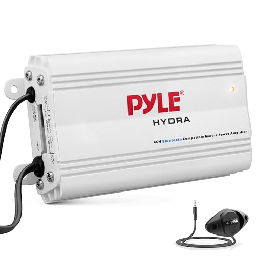 Pyle Auto 4-Channel Marine Amplifier - 200 Watt RMS 4 OHM Full Range Stereo with Wireless Bluetooth & Powerful Prime Speaker - High Crossover HD Music Audio Multi Channel System PLMRMB4CW White