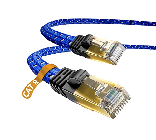 [Upgraded] Cat 8 Ethernet Cable, Nylon Braided 100ft CAT8 High Speed Professional Gold Plated Plug STP Wires CAT 8 RJ45 Ethernet Cable 3ft 10ft 16ft 26ft 33ft 50ft 66ft 100ft (Blue 100ft)
