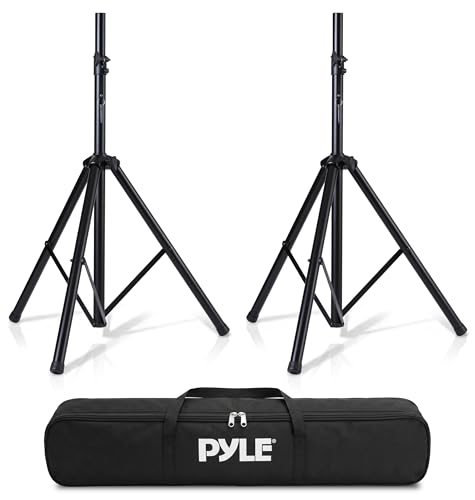 Pyle Universal Dual PA DJ Tripod 2 Speaker Stand Kit with Adjustable Height & Storage Bag Constructed with Heavy Duty Durable Steel & Lightweight for Easy Mobility Safety PIN Screw Locks PSTK107,Black