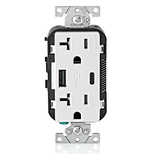 Leviton Type A & Type-C USB In-Wall Charger with 20A Tamper-Resistant Outlet, USB Charger for Smartphones and Tablets. Not for Laptops, T5633-W, White