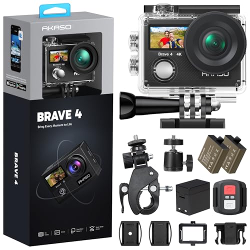 AKASO Brave 4 4K30fps 20MP WiFi Action Camera Ultra Hd with EIS 131ft Waterproof Camera Remote Control 5xZoom Underwater Camcorder with 2 Batteries and Bicycle Helmet Accessories Kit