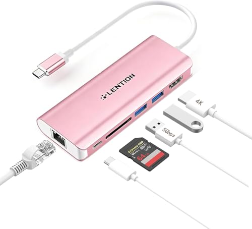 LENTION USB C Hub with 4K HDMI, SD Card Reader, 2 USB 3.0, Type C Charging & Ethernet Compatible 2025-2016 MacBook Pro, 2025-2018 Mac Air/Surface/Steam Deck, More, Stable Driver Adapter (Rose Gold)