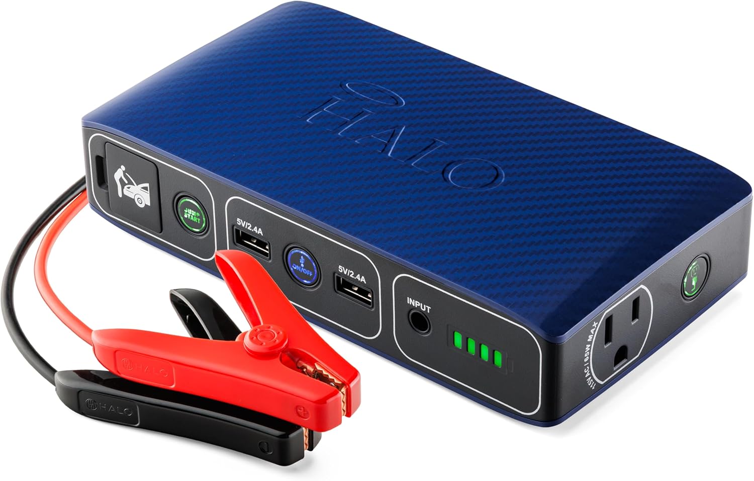 HALO Bolt 58830 ACDC Portable Car Battery Jump Starter | 58.8Wh USB Power Bank with AC Outlet, Emergency Floodlight & Charger, Jumps Cars SUVs & Trucks, Powers Phones & Laptops, TSA Approved  Blue