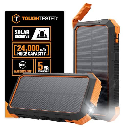 ToughTested 24,000 mAh Fast Charging Solar Power Bank, Portable Solar Charger External Battery Bank | LED Flashlight, IP67 Waterproof, Dustproof, Shockproof for Camping, Travel & Emergency Use