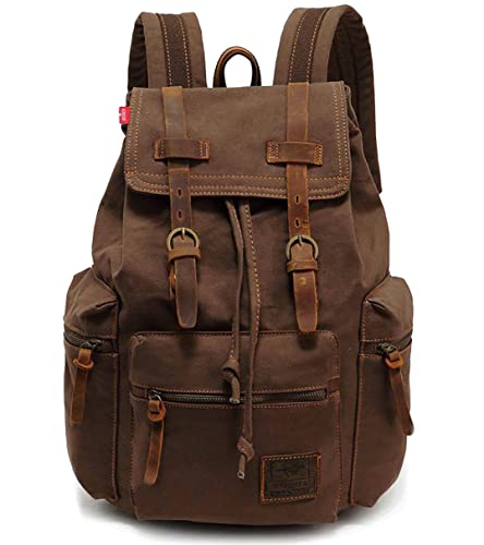 HuaChen Vintage Canvas Backpack, Large Capacity Rucksack with Leather, 15 Laptop Compartment & Hidden AntiTheft Pocket,Hiking/School/Travel Daypack for Men & Women - M32 Coffee L