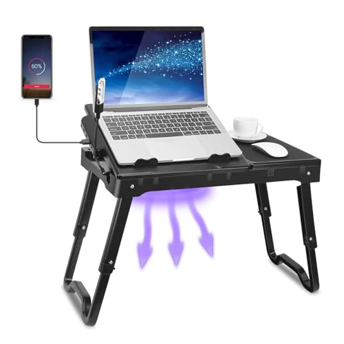 Laptop Desk for Bed, Adjustable Table with Fan, Portable Lap Desk, Foldable Legs, Stand for Couch Sofa, Tray with LED Light, 4 USB Ports, Storage, Mouse Pad