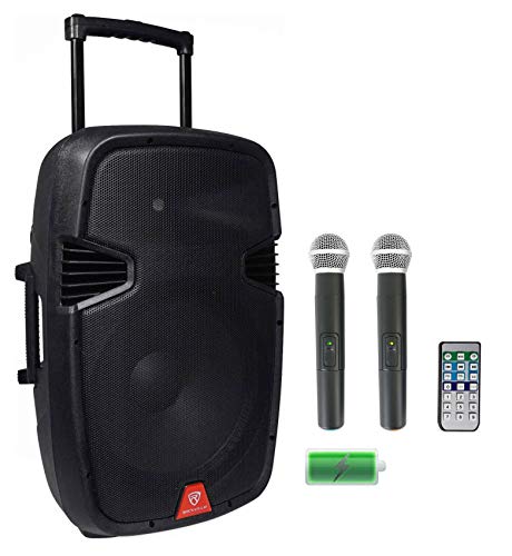 Rockville RAM15BT 15" 800W Peak/200W RMS Powered PA DJ Speaker, Bluetooth, Rechargeable Battery 4-8 Hrs, 2 Wireless Mics, TWS Linking, FM/USB/SD, Portable, for Events and Performances