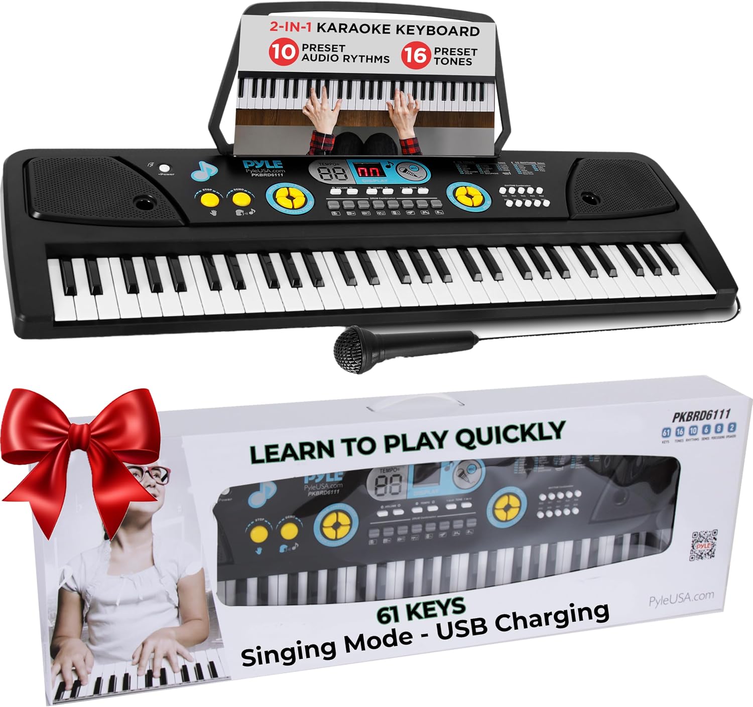 PYLE Digital Piano Kids Keyboard - Portable 61 Key Piano Keyboard, Learning Keyboard for Beginners w/ Drum Pad, Recording, Microphone, Music Sheet Stand, Built-in Speaker- 3 4 5 6 Year Old Girls, Boys