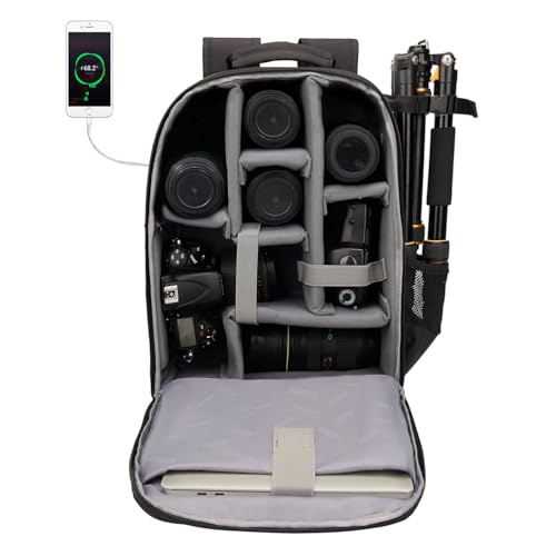 CADeN Camera Backpack Bag with Laptop Compartment 15.6" for DSLR/SLR Mirrorless Camera Waterproof, Camera Case Compatible for Sony Canon Nikon Camera and Lens Tripod Accessories Black