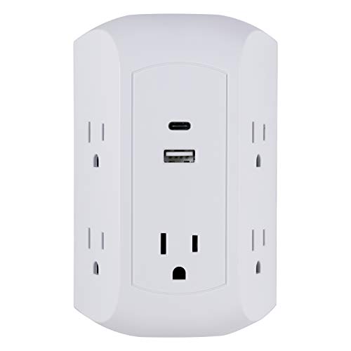 GE UltraPro 5-Outlet Extender with USB and USB-C Port, Surge Protector, Spaced Wall Tap, Side-Access, Charging Station, for iPhone/iPad/Samsung Galaxy/Google Pixel, 560 Joules, UL Listed, White, 43650