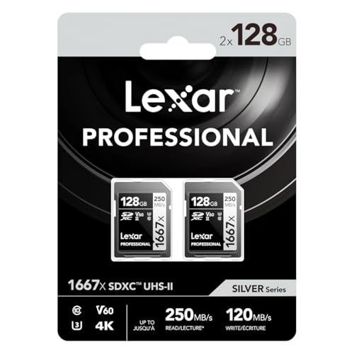 Lexar 128GB (2-Pack) Professional 1667x SD Card, UHS-II, C10, U3, V60, Full HD, 4K, Up To 250MB/s Read SDXC Memory Card, for Professional Photographer, Videographer, Enthusiast (LSD128CBNA16672)