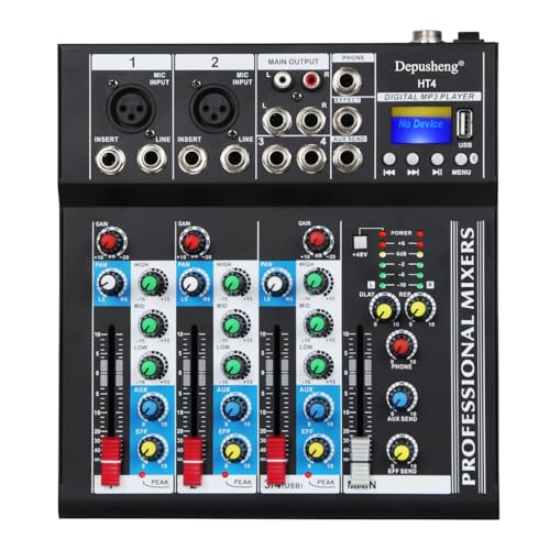 Depusheng HT4 Bluetooth Compatible Professional Portable Digital DJ Console w/USB 4 Channel Mixer Audio Interface-Mixing Boards For Studio Recording, Black