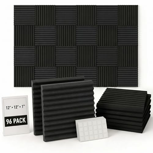 96 Pack Allxinlog Absorb the echo Acoustic Foam Panel Wedge Studio Soundproofing Wall Tiles 12" X 12" X 1" (96-BLACK)