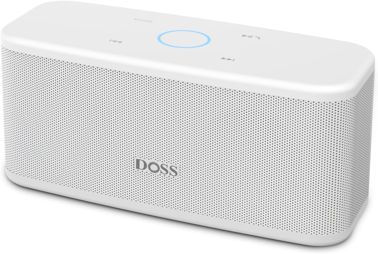 DOSS SoundBox Plus Bluetooth Speaker with Superior Sound, Bluetooth 5.0, Wireless Stereo Pairing, Built-in Mic, 20H Playtime, Portable for Hking, Beach, Camping. Outdoor, Home - White. Upgrade version