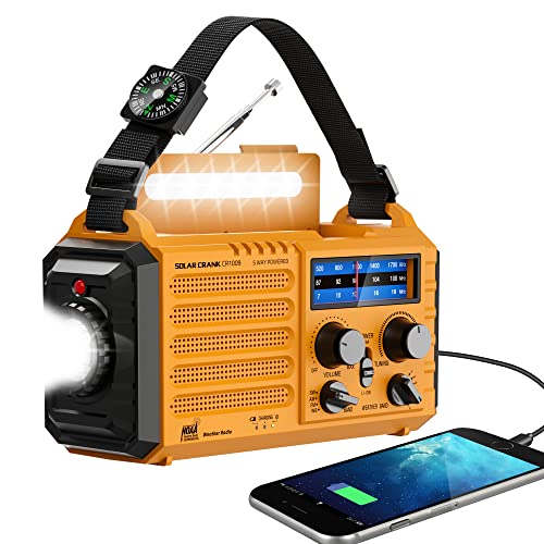 Emergency Radio with NOAA Weather Alert 5000mAh Solar Hand Crank Portable AM/FM Shortwave Radio, Rechargeable Battery, USB Charger, Flashlight, SOS Alarm for Home Outdoor Hurricane Survival