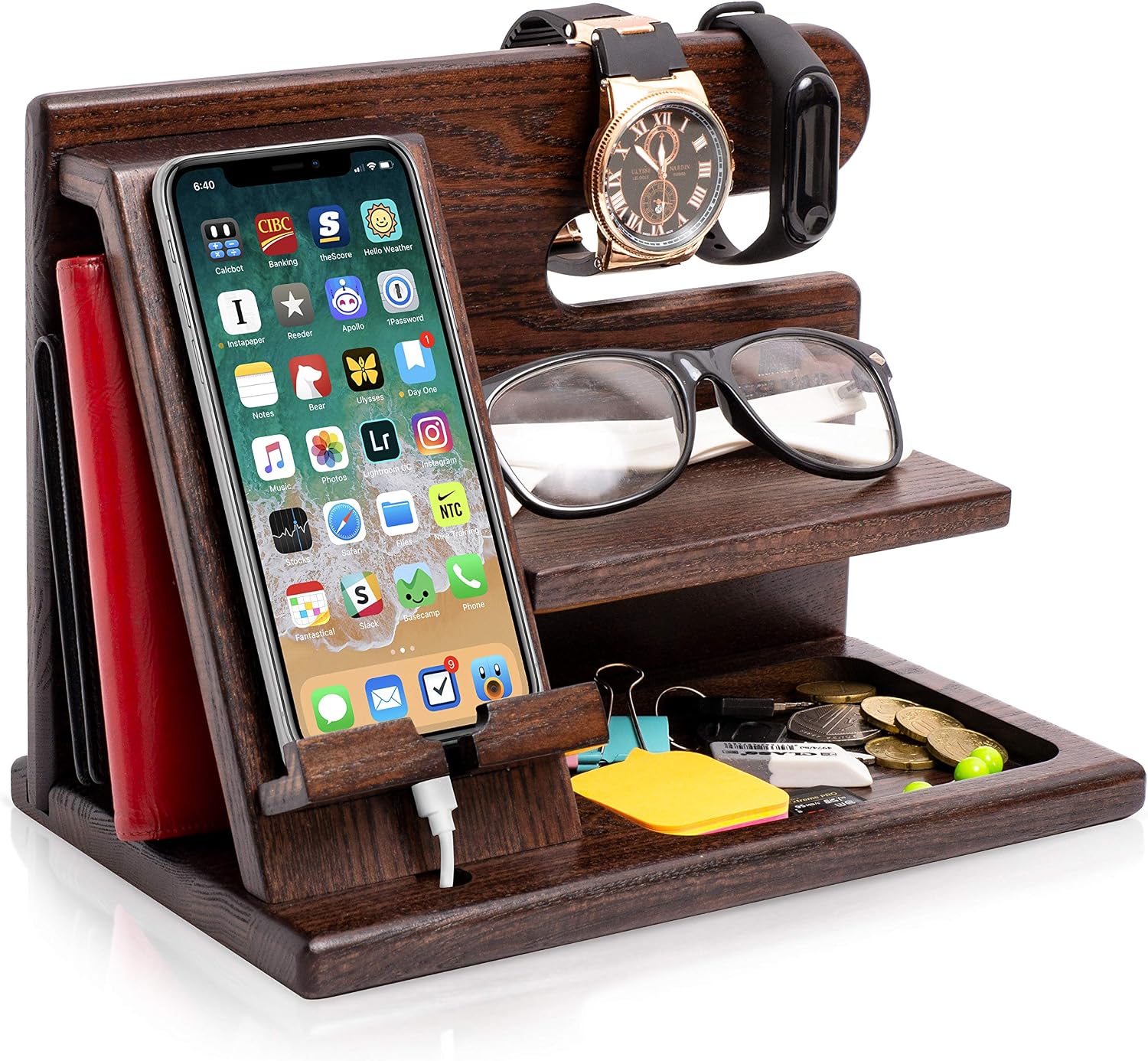 TESLYAR Wood Phone Docking Station for Men - Desk or Nightstand Organizer - Birthday Gifts for Husband or Dad - Anniversary Idea from Wife - Key Holder, Stand Wallet, Watch & Essentials (Brown)