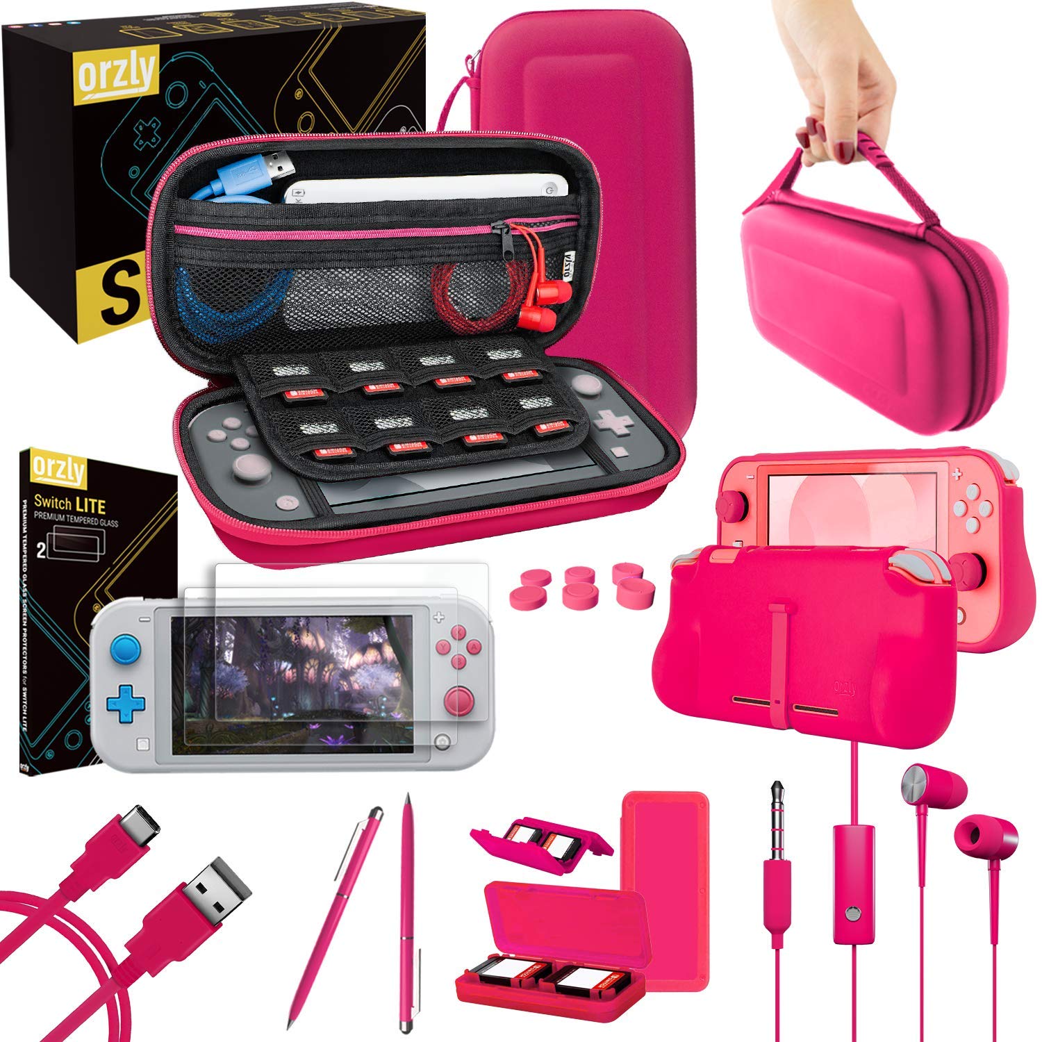 Orzly Accessories Bundle for Switch Lite - Case & Screen Protector for Nintendo Switch Lite Console, USB Cable, Games Holder, Comfort Grip Case, Headphones, Thumb-Grip Pack & More - Pink