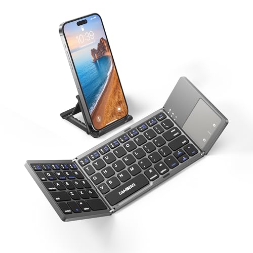 Samsers Foldable Bluetooth Keyboard with Touchpad, Portable Wireless Keyboard with Stand Holder, Rechargeable Full Size Ultra Slim Pocket Folding Keyboards for Android Windows IOS Tablet & Laptop-Gray