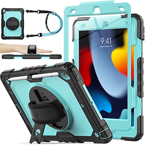 SEYMAC stock Case for iPad 9th/ 8th/ 7th Generation 10.2'', Shockproof with Screen Protector, Pencil Holder [360 Rotating Hand Strap] & Stand, for iPad 10.2 inch 2021-2019 (SkyBlue+Black)