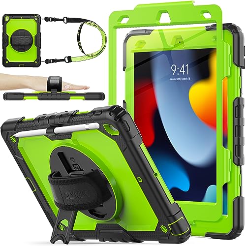 SEYMAC stock Case for iPad 9th/ 8th/ 7th Generation 10.2'', Shockproof with Screen Protector, Pencil Holder [360 Rotating Hand Strap] & Stand, for iPad 10.2 inch 2021-2019 (Green+Black)