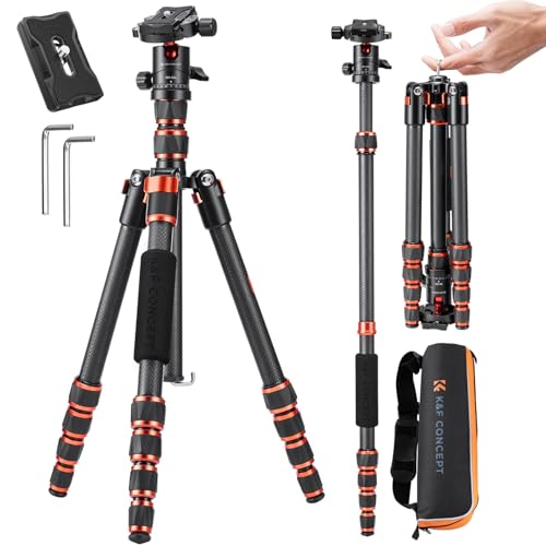 K&F CONCEPT 60 inch Carbon Fiber Camera Tripod,Super Lightweight Compact Travel Tripod with 360 Degree Ball Head,Quick Release Plate, Detachable Monopod, 17 lb Load Capacity for SLR DSLR, A225C0+BH25L