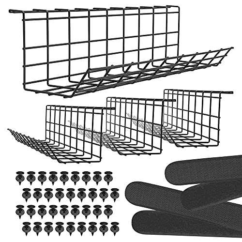 Under Desk Cable Tray, Cord Organizer for Wire, Cord Management, Under Desk, Wire Holders - Black Tray - Set of 4X 17"