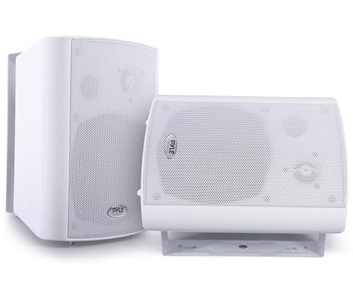 Pyle Wall Mount Home Speaker System - Active Passive Mountable Bookshelf Indoor Studio Garage Patio Stereo Sound Home Theater, Wireless Bluetooth Speaker Set W/Aux & RCA, White
