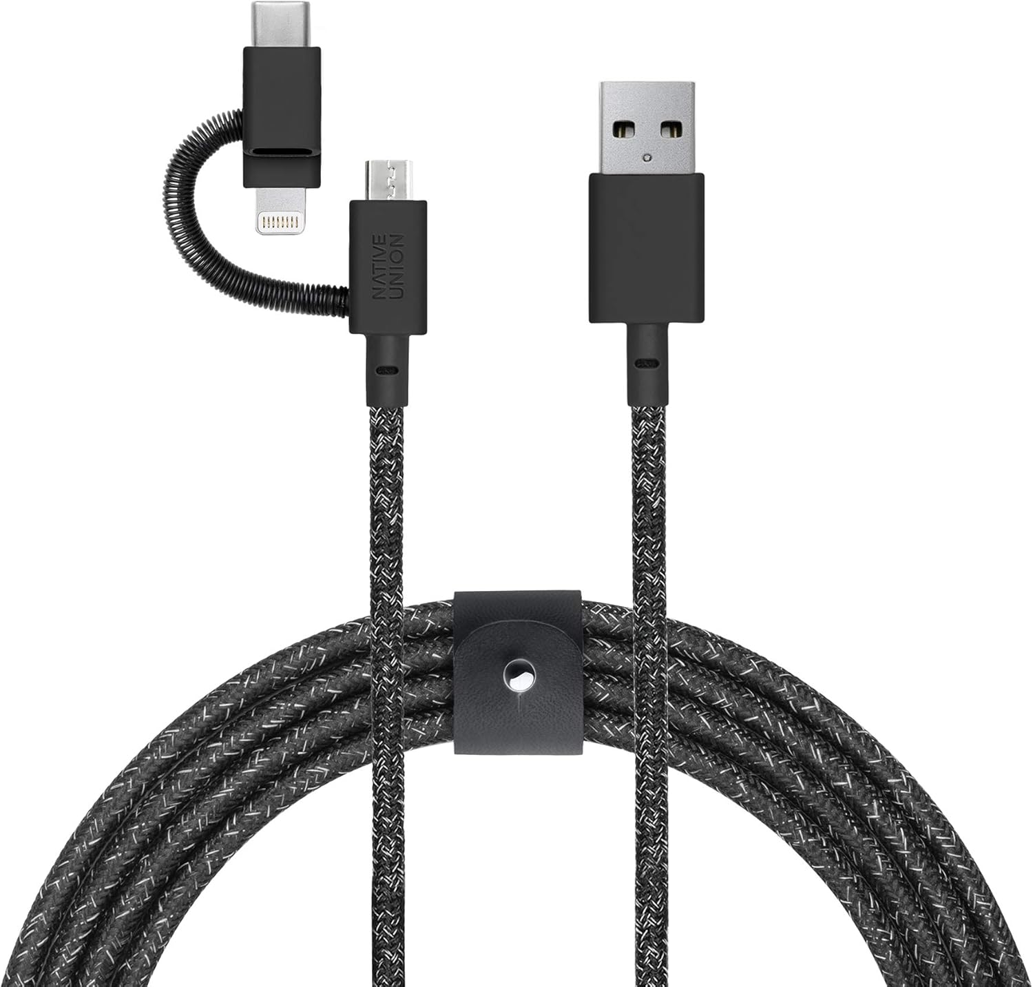 Native Union Belt Cable Universal - 6.5ft Ultra-Strong Reinforced [MFi Certified] Durable Charging Cable with 3-in-1 Adaptor for Lightning, USB-C and Micro-USB Devices (Black)