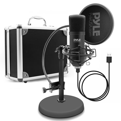 Pyle USB Microphone Podcast Recording Kit - Audio Cardioid Condenser Mic w/Desktop Stand and Pop Filter - for Gaming PS4, Streaming, Podcasting, Studio, YouTube, Works w/Windows Mac PC PDMIKT120