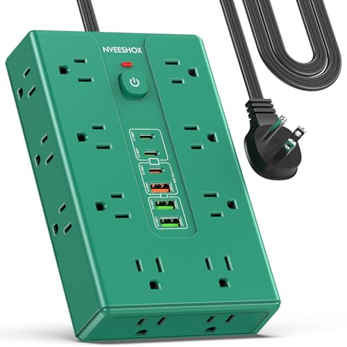 Power Strip Surge Protector Tower- 9 AC Multiple Outlets with 4 USB Ports (1 USB C),10 Ft Long Heavy Duty Extension Cord,Flat Plug Charging Station with Overload Protection for Home Office Dorm Desk