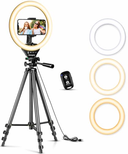 Sensyne 10'' Ring Light with 50'' Extendable Tripod Stand, LED Circle Lights with Phone Holder for Live Stream/Makeup/YouTube Video/TikTok, Compatible with All Phones