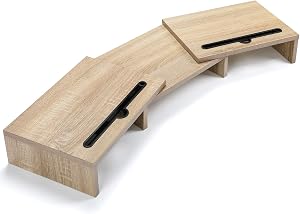 LORYERGO Dual Monitor Stand for Desk, Monitor Stand with 2 Slots for Phone and Tablet, Dual Monitor Riser with Length and Angle Adjustable, Computer Stand for Monitor, Laptop, Tablet (Light Wood)