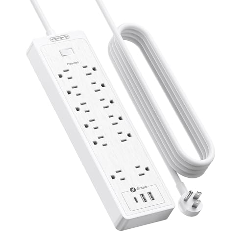 15 ft Extension Cord Flat Plug Power Strip, NTONPOWER 2100 Joules Surge Protector with 12 Outlet 3 USB Port, 1875W/15A, Overload Protection, Long Cord Wall Mountable for Home Office Accessories, White