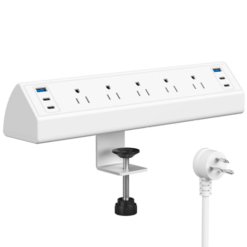 Jgstkcity Desk Clamp Power Strip USB C,40W Total Fast Charging Station,4 PD 20W USB C Ports,Desk Edge Mount Surge Protector,5 Outlets,Fit 1.96" Tabletop Edge,ETL Listed,White