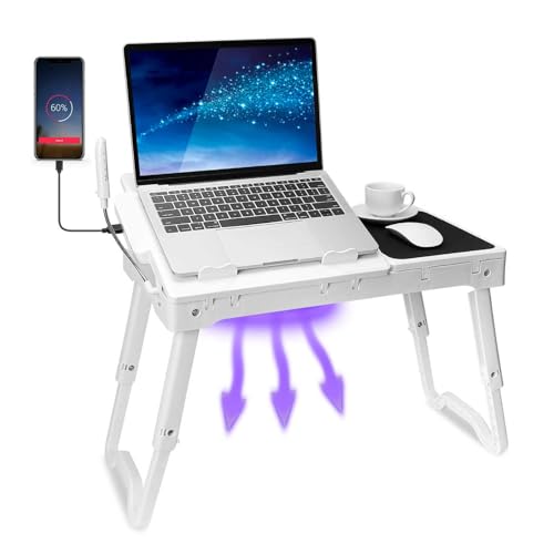 Laptop Table for Bed, Adjustable Laptop Bed Desk with Fan, 4 USB Ports, Portable Lap Desk with Foldable Legs, Laptops Stand for Couch Sofa Bed Tray with LED Light, Storage, Mouse Pad - White