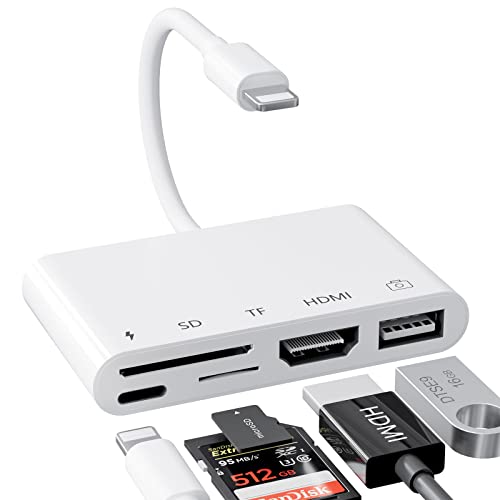 HDMI Adapter, SD/TF Card Reader, 5 in 1 USB Camera Adapter for iPhone, 1080P Digital AV HDMI Adapter, Compatible with iPhone 13/12/11/XS/XR/X/8/7, iPad, TV/Projector/Monitor